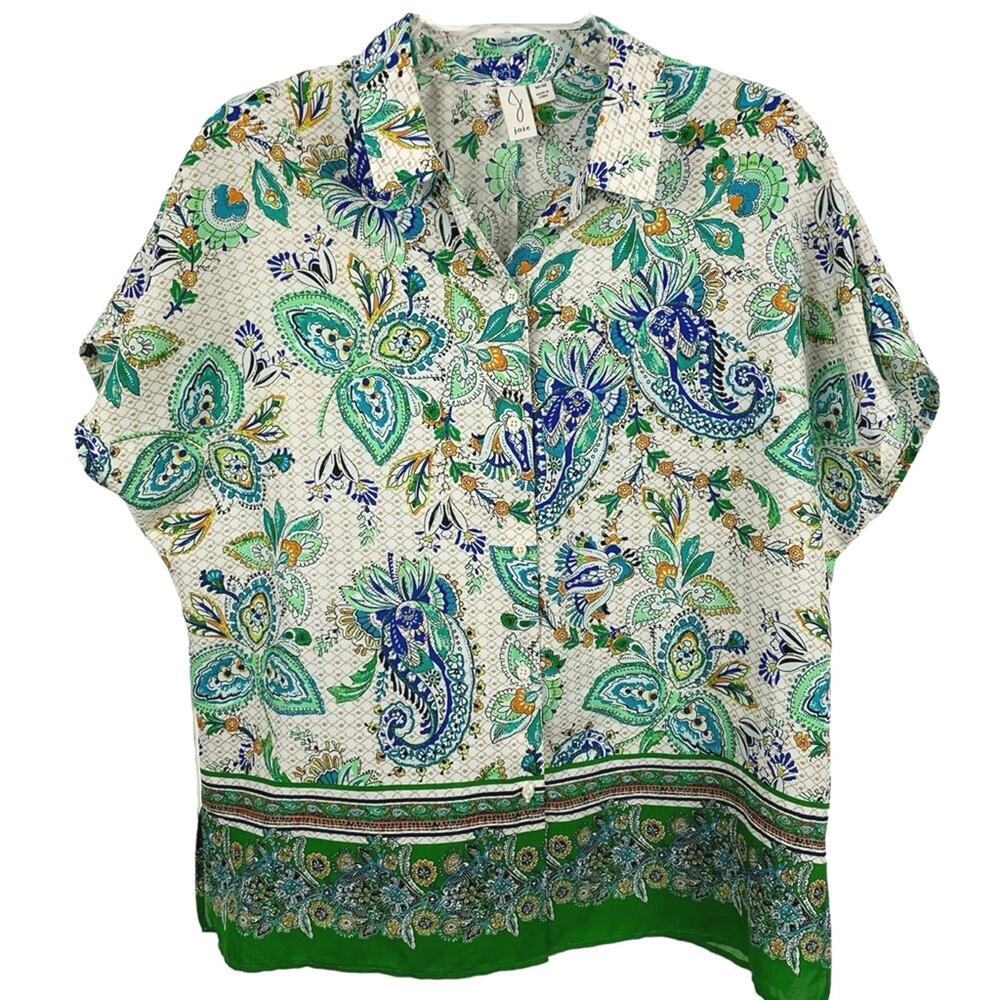 Joie Paisley Button Down Blouse Boho Designer Short Sleeve Women M - Picture 1 of 5